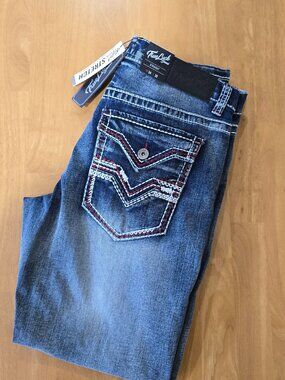 True Luck Men's Classic Stretch Straight Jeans Sz‎ 34x30 Button Flap Pockets NWT